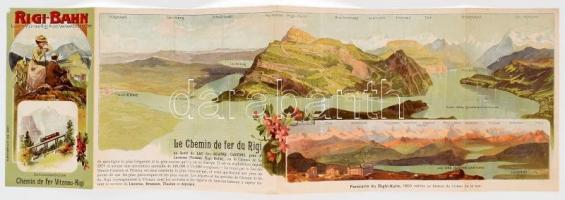 cca 1910 Rigi-Bahn, Luzern-Vitznau-Rigi-Kulm, Vierwaldstätter-See, képes ismertető és vasúti menetrend, többnyelvű, színes litho panorámaképpel illusztrált, kihajtva: 55x18 cm