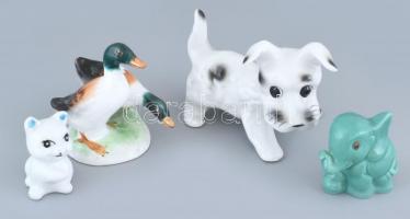 4db jelzetlen porcelán állatfigura (kutya, cica, elefánt, kacsa) kopásnyomokkal, m:7-13cm