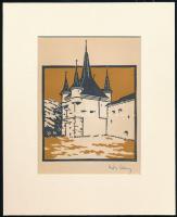 Kós Károly (1883-1977): Tornyok. Linómetszet, papír, utólagos jelzéssel, paszpartuban, 11×11 cm