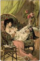 Erotic lady art postcard. 1929. litho s: Geiger R. (vágott / cut)