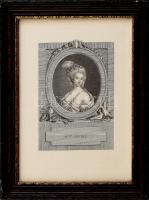 cca 1850 Mademoiselle Dutey erotikus portréja. Acélmetszet, papír. Jelzés nélkül. Dekoratív, üvegezett fa keretben. 19x15 cm