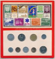 Izrael DN Forgalmi érme (9xklf) és bélyeg (11xklf) összeállítás karton díszlapon T:1-,2 kis patina Israel DN Coin set (9xdiff) and Stamp set (11xdiff) on cardboard C:AU,XF small patina