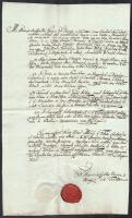 1836 Kiskunszabadszállás város szerződése só árusításról. Egy beírt oldal. A városi elöljárók aláírásával és a város címeres pecsétjével.
