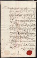 1833 Kiskunszabadszállás város szerződése a város határában való bodza szedésről. Egy beírt oldal. A városi elöljárók aláírásával és a város címeres pecsétjével. Kis lyukkal