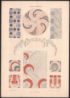 cca 1900-1910 Dekorative Vorbilder, 30 db szecessziós, historizáló, japonizáló és egyéb ornamentikával, illusztrációval díszített nyomat. Lapok széle részben kisebb szakadásokkal vagy kisebb foltokkal. Lapméret: 36x25 cm