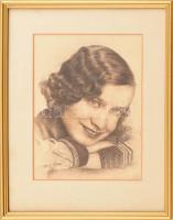 Tősér Dezső (?) jelzéssel: Lány portré, 1935. Kréta, papír. Üvegezett, dekoratív fakeretben. 27,5x20,5 cm