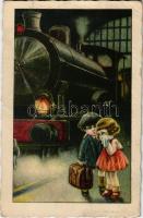 Italian children art postcard, romantic couple at the railway station. CCM 2425. (fa)