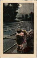Italian children art postcard, romantic couple at the railway station. CCM 2425. (EB)