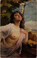 Halbakt / Erotic nude lady art postcard s: Ernst Schneider (EK)