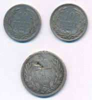 1893KB 10f Ni + 1908KB 10f Ni + 1915KB 1K Ag Ferenc József T:2,2- patina, ph, az egyik érmén egy nagyobb sérülés