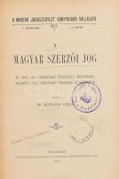 Kenedi Géza: A magyar szerzői jog. Az 1884: XVI. törvénycikk rendszeres magyarázata, valamint a vele egybefüggő törvények és rendeletek. A Magyar Jogászegylet Könyvkiadó Vállalata I. évfolyam 2. kötet. Bp.,1908, Athenaeum. Későbbi félvászon-kötés, a borítón kis kopásnyomokkal, régi intézményi bélyegzőkkel.