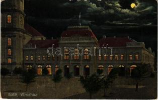 1916 Eger, Városháza este, Braun Adolf, Rotschild üzlete, gyógyszertár (EK)