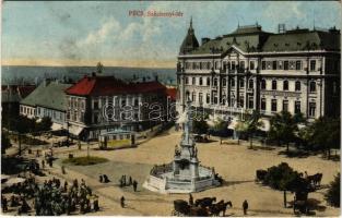 Pécs, Széchenyi tér, villamos, Takarékpénztár, piac, Tauszig Ármin üzlete