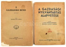 Marosi Nagy Dénes 2 műve:  A gazdasági nyilvántartás alapvetése. Bp., 1939., Centrum. Kiadói papírkötés, foltos borítóval.;  A gazdasági rend. Előtanulmány. Bp., 1932., Pallas. Kiadói papírkötés, sérült, kissé hiányos borítóval.