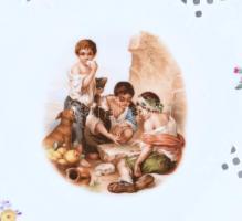 Drezdai porcelán süteményes tányér, 6db, matricás ,,fiatal fiúk játszanak" jelenettel, jelzett,...