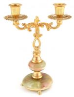 Réz, kétágú gyertyatartó, ónix betéttel, kopásnyomokkal, m:24cm