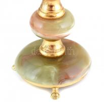 Réz, kétágú gyertyatartó, ónix betéttel, kopásnyomokkal, m:24cm