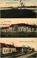 1914 Temesmóra, Moravicza, Moravita; Árvíz 1914-ben, állami elemi iskola, Csendőr laktanya és Fő utca / flood in 1914, school, main street, gendarme barracks (szakadás / tear)