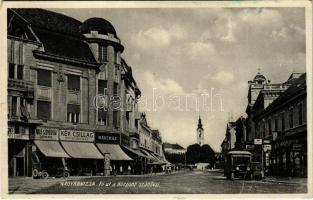 1933 Nagykanizsa, Fő út, Központi szálloda, kávéház és étterem, Kék Csillag divatáruház, üzletek, autóbusz, trafik (fa)