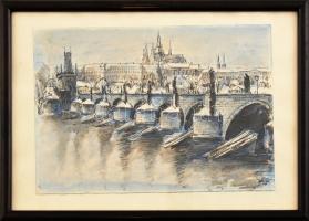 Olvashatatlan jelzéssel: Prága, Károly-híd. Akvarell, tus, papír. Üvegezett fa keretben, 16x23,5 cm