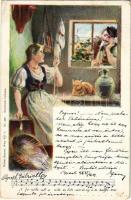 1899 (Vorläufer) A fonóba szól a nóta... Magyar folklór művészlap. Walter Haertel No. 430. / Hungarian folklore art postcard (kopott sarkak / worn corners)