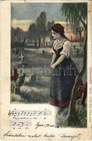 1899 (Vorläufer) Végig mentem az ormódi temetőn... Magyar folklór művészlap. Walter Haertel No. 427. / Hungarian folklore art postcard (szakadás / tear)