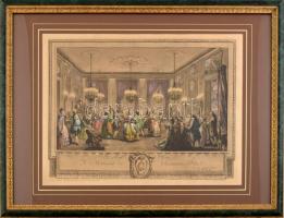 Antoine Jean Duclos (1742-1795): Rokokó bál (Le Bal Paré a Monsieur de Villemorien...). Akvarellel színezett rézmetszet, papír, jelzett a metszeten. Dekoratív, üvegezett fa keretben. 31x44 cm