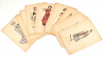 cca 1900 C. Heinemann jelzéssel 13 db különféle ölözeteket viselő nőket ábrázoló litográfia: orosz parasztasszony, fundango, francia forradalmi lány stb. Kőnyomat-papír / lithography 20x28 cm