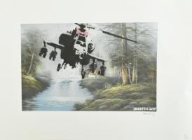 Banksy: Helicopter . Ofszet, papír, jelzett a nyomaton, POW Printmaking szárazpecséttel Grafiart - Aviomar UK. tanúsítvánnyal Számozott: 31/150. Képméret: 55x37 cm. Lap méret 50x70 cm, Szélén kicsit gyűrött / Numbered, marked 55x37 cm