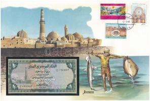 Jemen 1973. 1R borítékban, alkalmi bélyeggel és bélyegzéssel T:I  Yemen 1973. 1 Rial in envelope with stamps and cancellations C:UNC