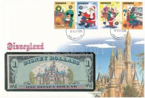 Amerikai Egyesült Államok 1987A 1DD bankjegyes borítékban, elsőnapi bélyegzéses bélyeggel T:1 USA 1987A 1 Disney Dollar in banknote envelope with first day of issue stamp C:UNC