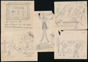 cca 1940-1950 A Kalocsai Papnevelő Intézet tanulói által rajzolt 6 db grafika, közte egy meghívó. Ceruza, papír, karton. Jelzés nélkül, sérülésekkel, 11x8,5 cm és 20,5x19 cm közötti méretben