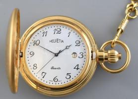 Helvetia fém tokos modern kvarc zsebóra, lánccal, hozzá sérült tok. d: 45 mm