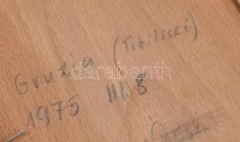 Kislány lepkével grúz fém kisplasztika fa alapon. Fali kép. 18x16 cm