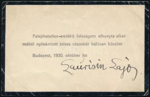 1930 Laurisin Lajos (1897-1977) magyar operaénekes aláírása egy kondoleáló levelet megköszönő kártyán
