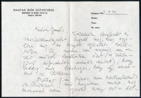 1985 Fodor András (1929-1997) Kossuth-díjas költő, esszéíró, újságíró levele dr. Szirmay Endrének (1920-2013) költő, író, műfordítónak, aláírással, Magyar Írók Szövetségének fejléces papírján, borítékjában.