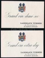 Ladislaus Vermes de Budafalva, Grand vin demi sec és Grand cru extra dry, 2 db régi (1945 előtti), nemesi címerrel díszített borcímke
