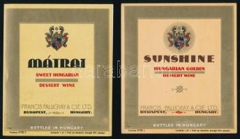 Francis Palugyay & Cie. Bp., Mátrai Sweet Hungarian Dessert Wine és Sunshine Hungarian Golden Dessert Wine, 2 db régi (1945 előtti), nemesi címerrel díszített borcímke