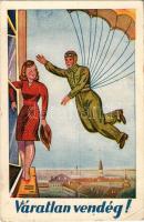 1944 Váratlan vendég / WWII Hungarian military art postcard, paratrooper, humour (EB)