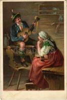 Folklore art postcard, romantic couple. litho (EK)