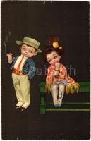 1926 Children art postcard, romantic couple. ULTRA 2034. (kis szakadás / small tear)