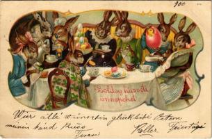 1900 Boldog húsvéti ünnepeket / Easter greeting art postcard, rabbit family. Art Nouveau, litho (EK)