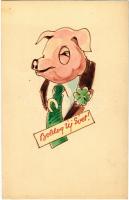Boldog Újévet! / New Year greeting art postcard with pig (EK)