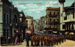 Constantinople, Istanbul; La Place de Karakeui / Karaköy square, military parade, Yorkshire, Hanatua