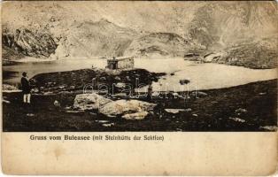 1915 Fogarasi-havasok (Fogarasi Kárpátok), Fogarascher Karpathen, Muntii Fagarasului; Lacul Balii, Balea / Buleasee mit Steinhütte der Sektion / Bilea-tó, menedékház / chalet, tourist house, lake (EB)