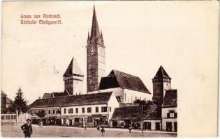 1908 Medgyes, Mediasch, Medias; Piactér, templom, üzletek / square, church, shops (EK)