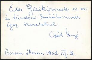 1962 Csák Hugó táncos-komikus, konferanszié autográf aláírása és sorai, őt és másokat ábrázoló fotón, 14x9 cm