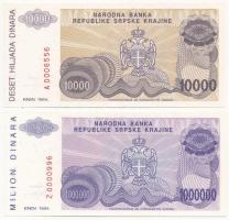 Horvátország / Krajna Szerb Köztársaság 1994. 10.000D + 1.000.000D pótkiadás Z 0000996 sorszámmal T:I,I-  Croatia / Republic of Serbian Krajina 1994. 10.000 Dinara + 1.000.000D replacement note with Z 0000996 serial number C:UNC,AU