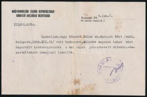 1949 Bp., Magyarországi Zsidó Deportáltak Gondozó Országos Bizottsága által kiállított igazolás