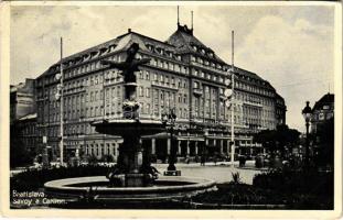 1934 Pozsony, Pressburg, Bratislava; Hotel Savoy és Carlton szálloda, üzletek / hotel, shops (vágott / cut)